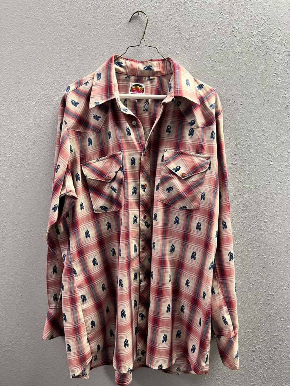 Vtg Miller Western Wear Pearl Snap Shirt Horse Head Plaid Mens XL 17 35 0107